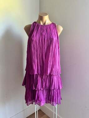 ADAM LIPPES 100% Silk Tiered Ruffle Mini Dress | Size 6 | Fuchsia/Magenta